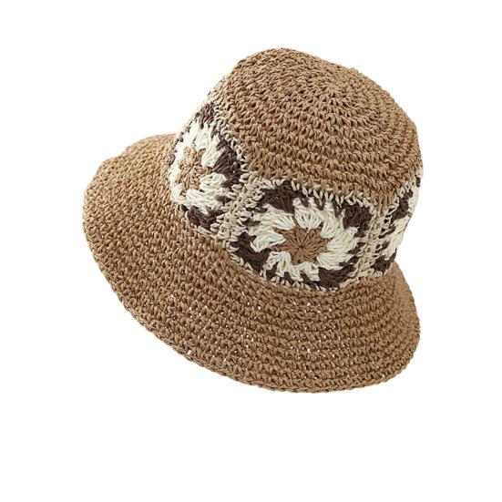 Straw Hat Bohemian Floral Pattern Foldable Beach Hat Wide Brim Hollow Design Bucket Hat Breathable Summer Accessory