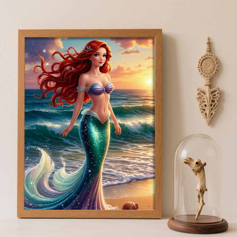 Disney Diamond Art Painting Kit – Sparkling Mermaid Sunset Scene Craft, Home Wall Decor, Handmade Gift Round 20x30cm