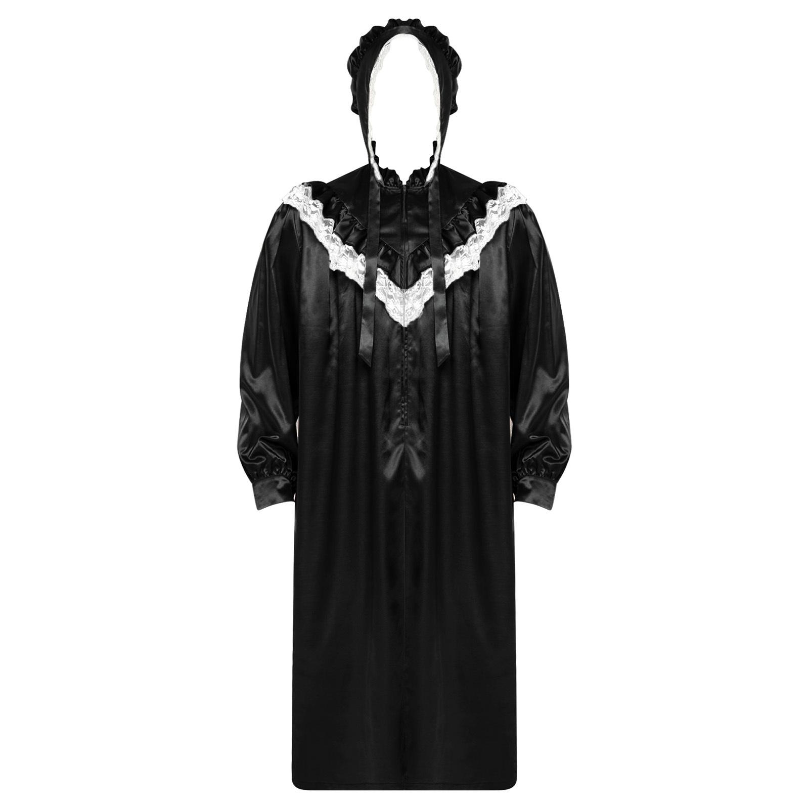 

Mens Victorian Nightgown Set Ruffled Lace Trim Long Sleeve Front Zipper Satiny Sleep Dress Lace Up Pajamas S чорний