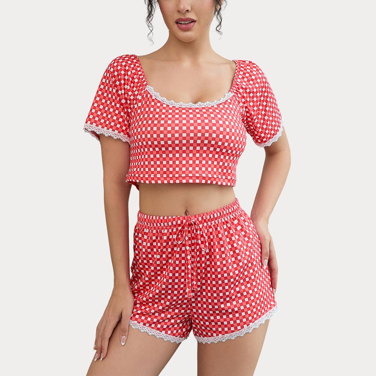 

Новая женская пижама, летний сексуальный комплект с футболкой с коротким рукавом и шортами, домашняя одежда из двух частей XL красный