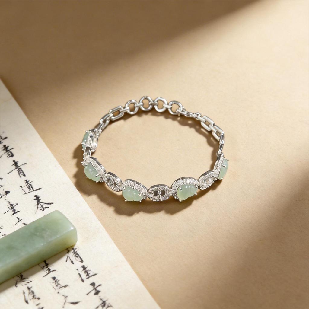 Natural Blue Water Jade Gourd Bracelet with Inlaid Diamonds - Elegant Chinese Style Women's Jewelry