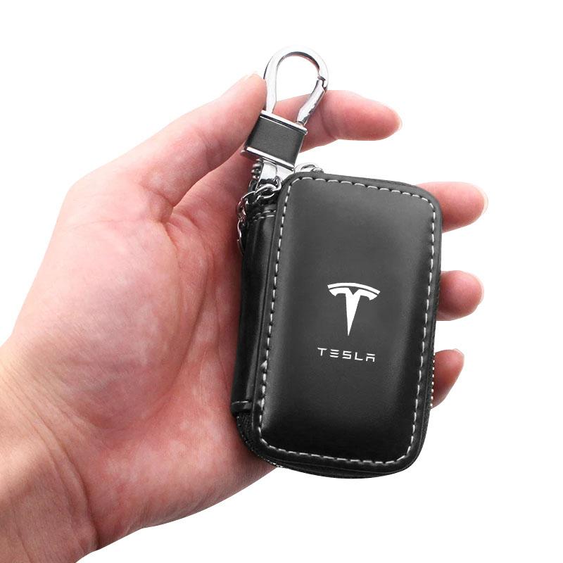 1Pcs Leather Car Emblem Key Case Keychain Zipper Key Case Bag For Tesla Model S Model X Model Y Model 3 Roadster SpaceX Accessory