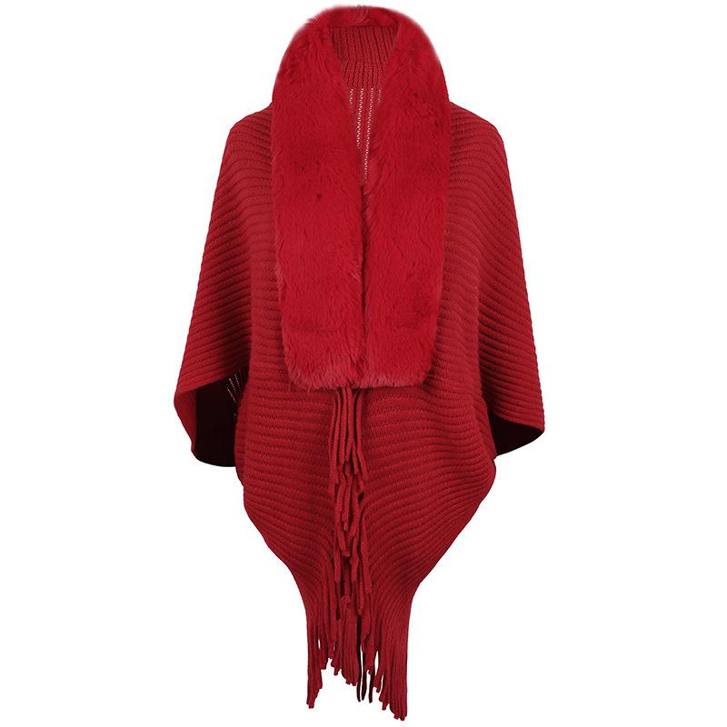 Poncho Châle Cape en Tricot avec Col en Fourrure et Franges pour Femme Vêtement d'Extérieur Chaud