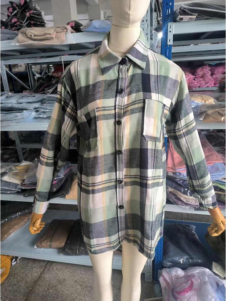 2023 Women's European & American Plaid Long Sleeve Lapel Cardigan Jacket