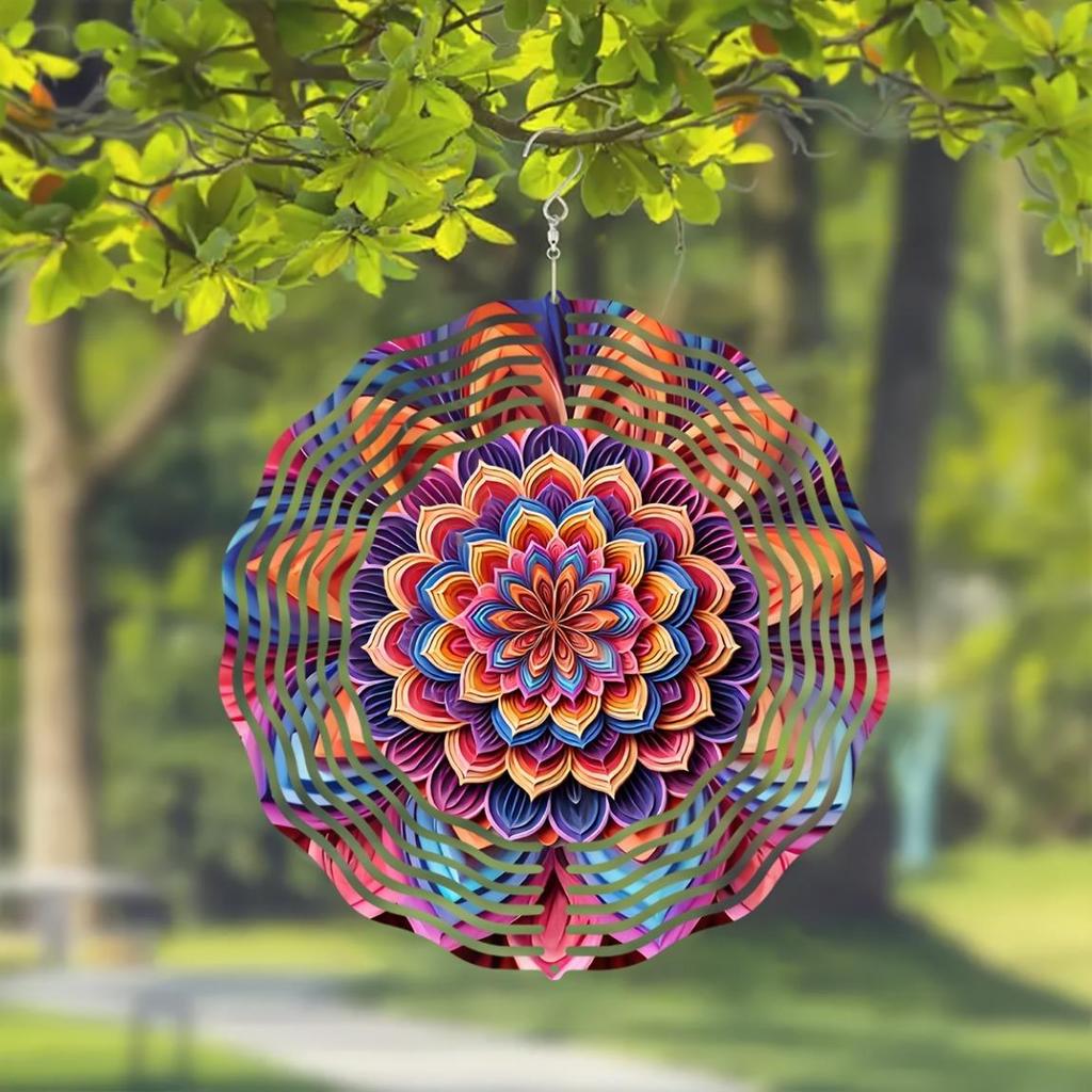 Vibrant 10-inch Mandala Wind Spinner – 2D Kinetic Metal Art with Colorful Floral Design, 360° Rotating Hook for Garden