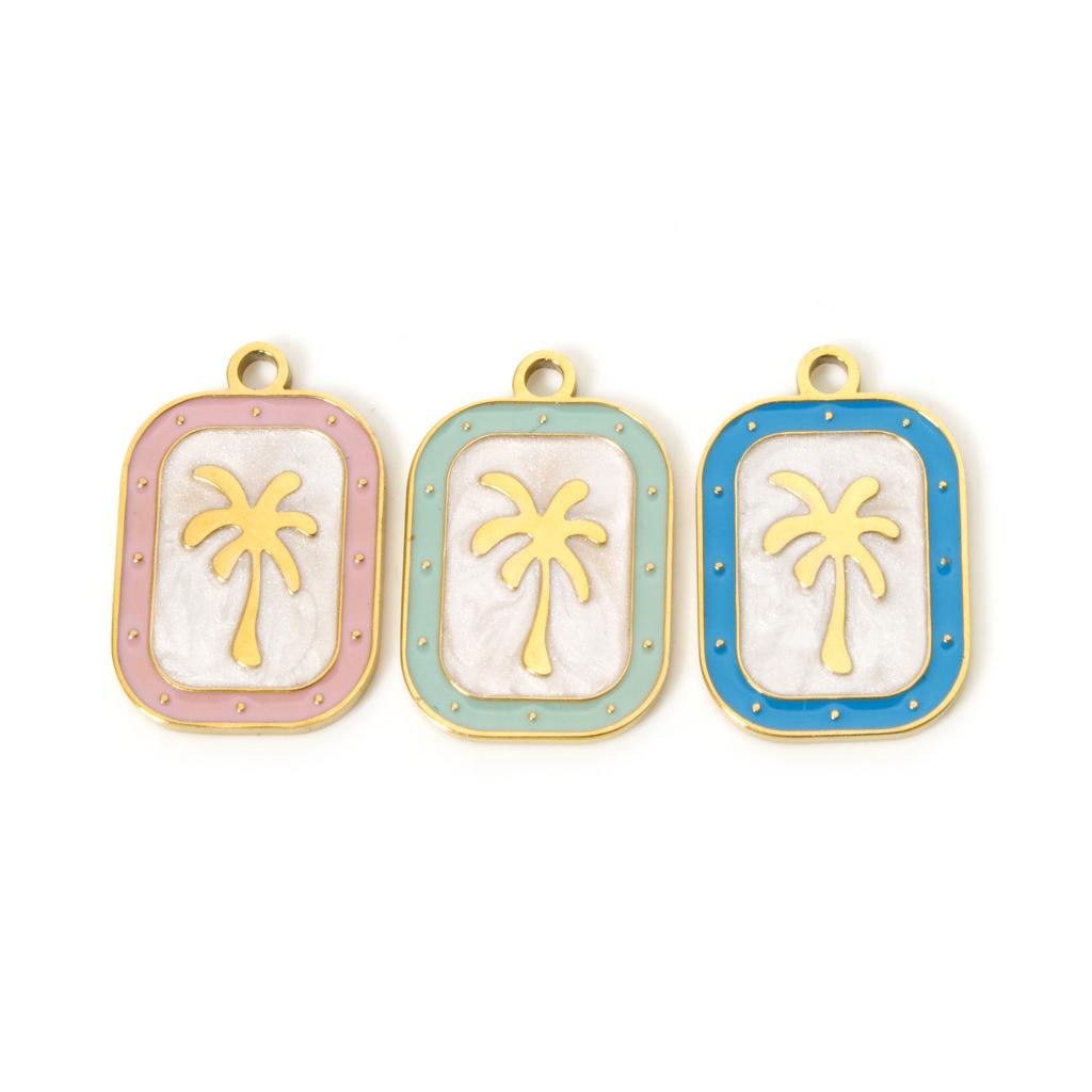 304 Stainless Steel Flora Charms 18K Gold Plated Rectangle Coconut Palm Tree Enamel Pendant DIY Necklace 20mm x 13mm, 2 Pcs