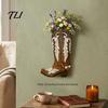 Wooden Floral Container for Dried Flowers Cowboy Boots Wall Planter Indoor Plants, Western Boot Flower Hanging Vase Vintage Mounted Faux Flower,