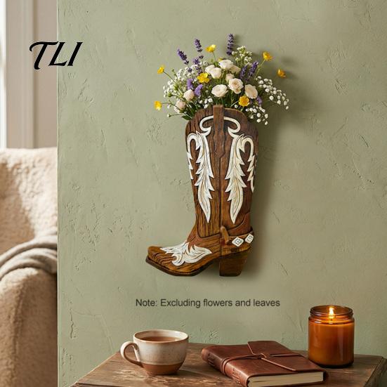 Wooden Floral Container for Dried Flowers Cowboy Boots Wall Planter Indoor Plants, Western Boot Flower Hanging Vase Vintage Mounted Faux Flower,
