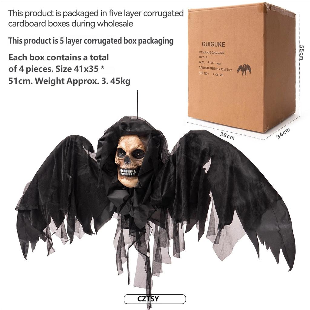 CZTSY Halloween Glowing Black Wing Bat Skeleton Reaper Pendant Sound Activated Decoration Electric Induction Luminous Atmosphere