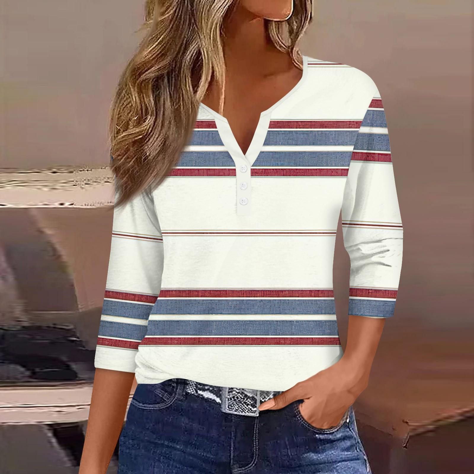 

Женская мода Повседневная полосатая футболка с v-образным вырезом и декоративными пуговицами с рукавом три четверти Топ XXXL бежевый