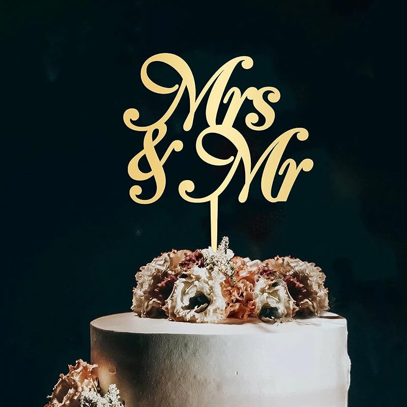 Mrs & Mr Birthday Cake Topper Monogram Acrylic Cupcake Topper Picks Wedding Birthday Cake Bunting Decor Personalized Mirror Gold Cake Accessories for