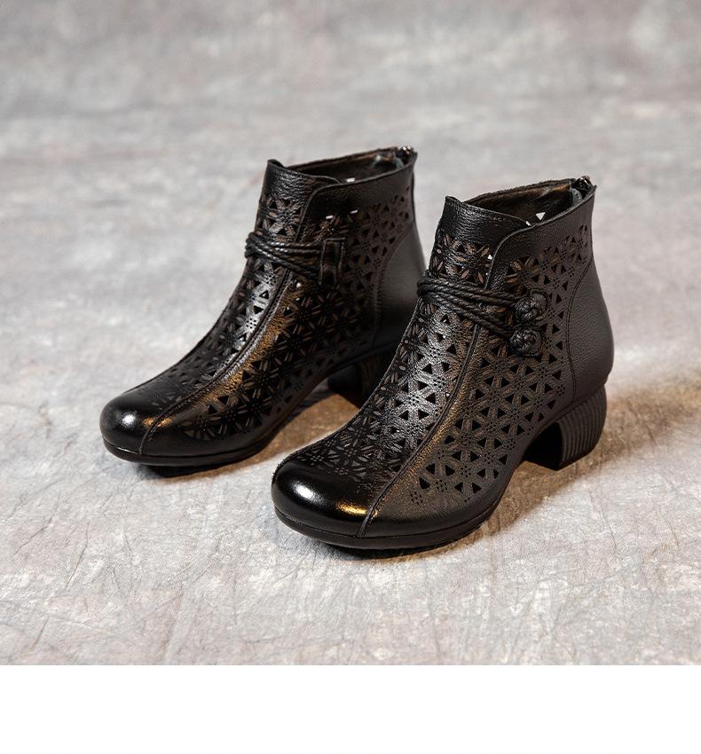 2025 Summer Genuine Leather Peep-Toe Perforated Mid-Heel Sandals - Women's Retro Chunky Heel Martin Boots.