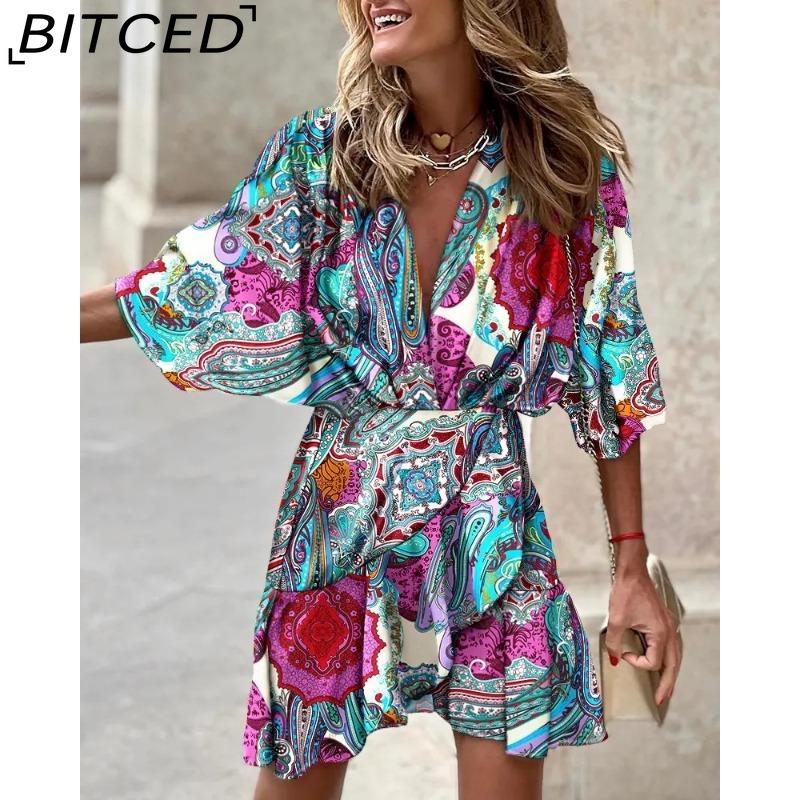 

BITCED Autumn V-neck Asymmetrical Hem Dress for Women XXXL синій