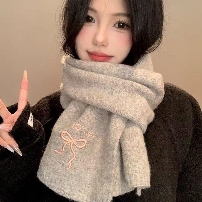 2025 Winter  College Style Imitation Cashmere Scarf Solid Color  Embroidered Bow Couple Scarf