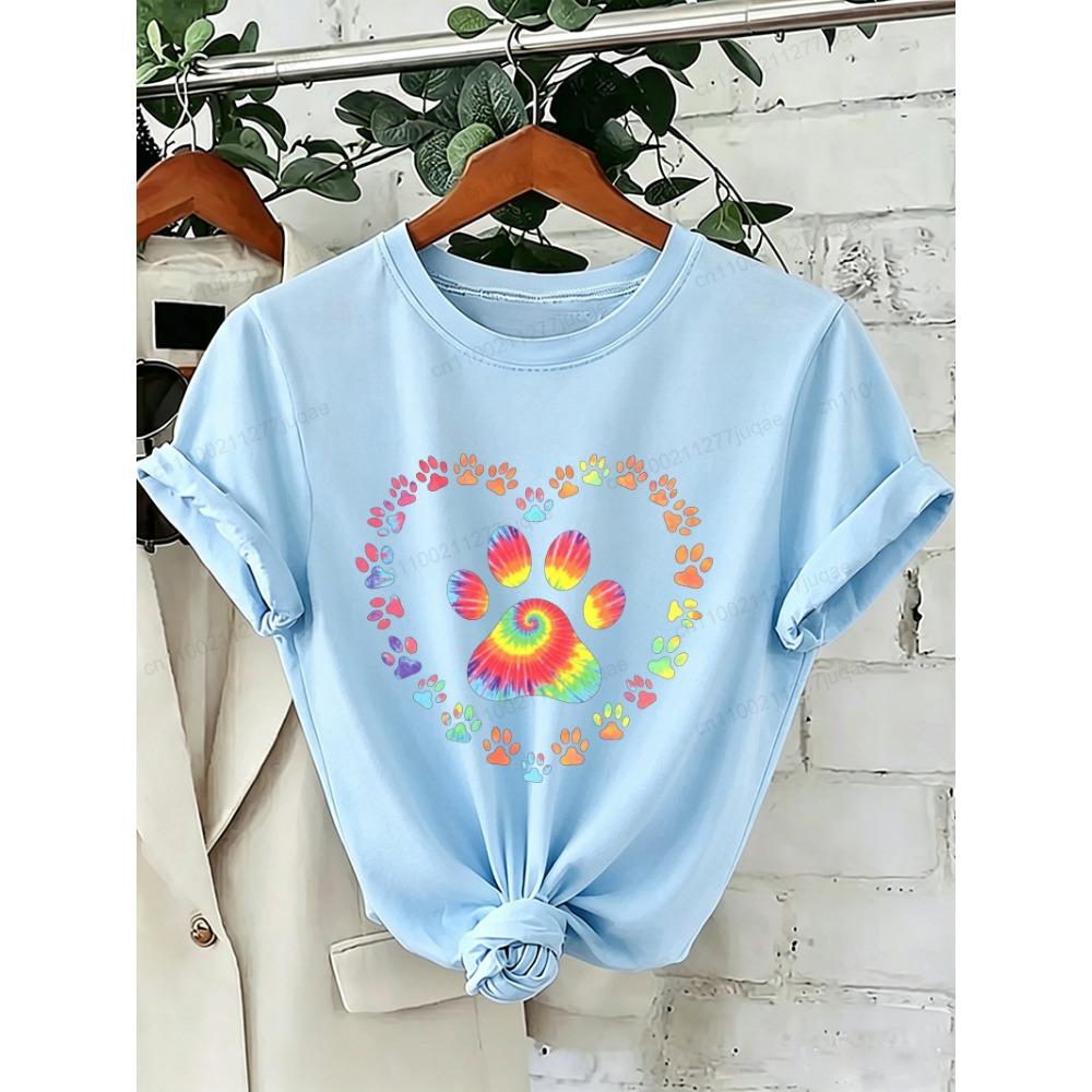 Dog Paw Print Heart Animal Lover T-Shirts Colorful Dog Paw Colorful Dog Paw Shirts Heart Anime Women's T-Shirts Short Sleeve