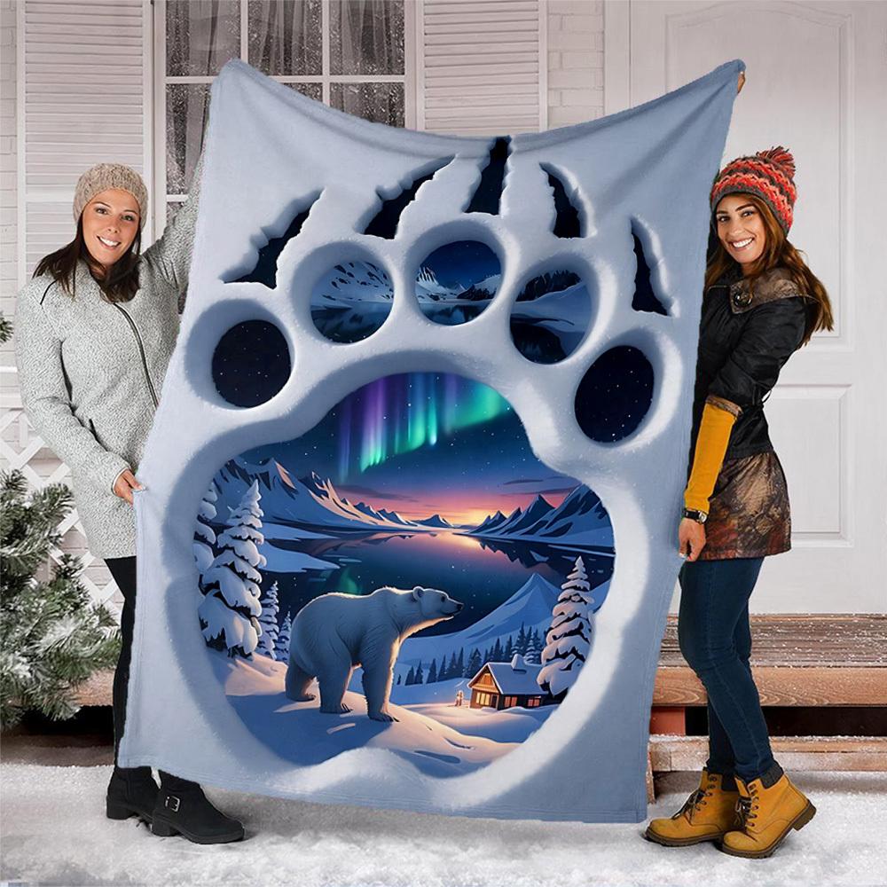 1pc Polar Bear Footprint Throw Blanket Polyester Fiber, Lightweight Flannel, Soft & Warm, All Season Use for Outdoor, Camping Digital Print