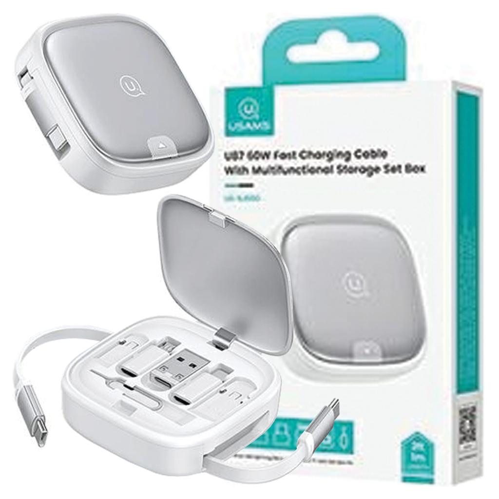 Usams Kabel Rozwijany 3W1 Z Pudełkiemmicrousb/Usb-C/Lightning 60W Srebrny/Silver Sj650Usb02 (Us-Sj650)