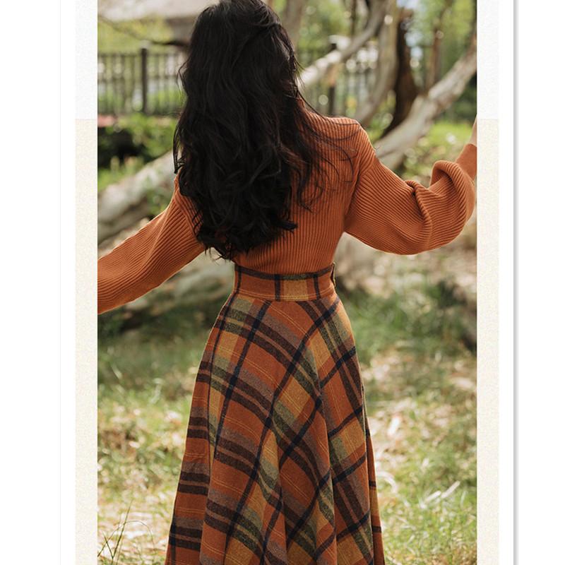 Women's Autumn Winter Vintage Plaid Long Skirts Sweater Two-Piece Set French Lady Graceful Knit Pullover High Waist Skirt Outfit