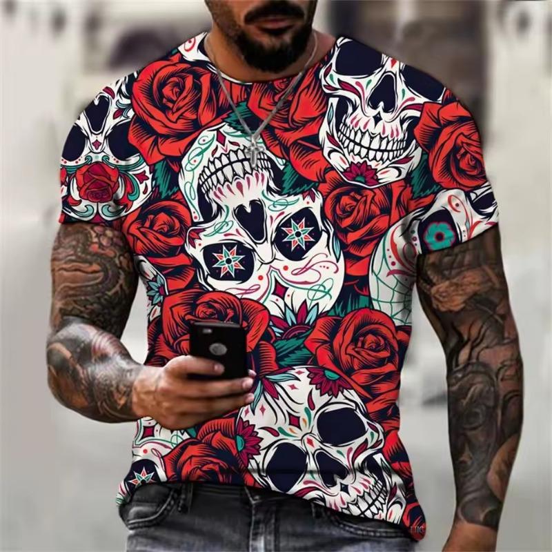 Men's Casual T-Shirt Skull Graphic Black Short Sleeve Crew Neck Tee Cool Streetwear Halloween Fashion Top