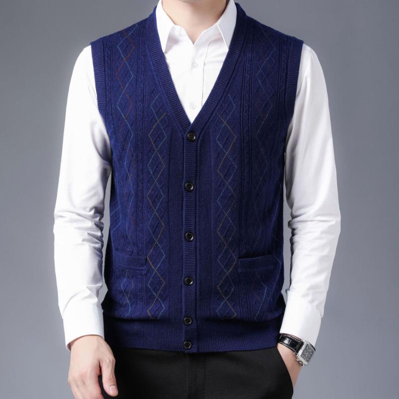 Cardigan Vesta Lână Bărbați Toamnă Iarnă Tricotat Jacquard Casual Fără Mâneci Pulover Bărbați Strat de Bază Jachetă