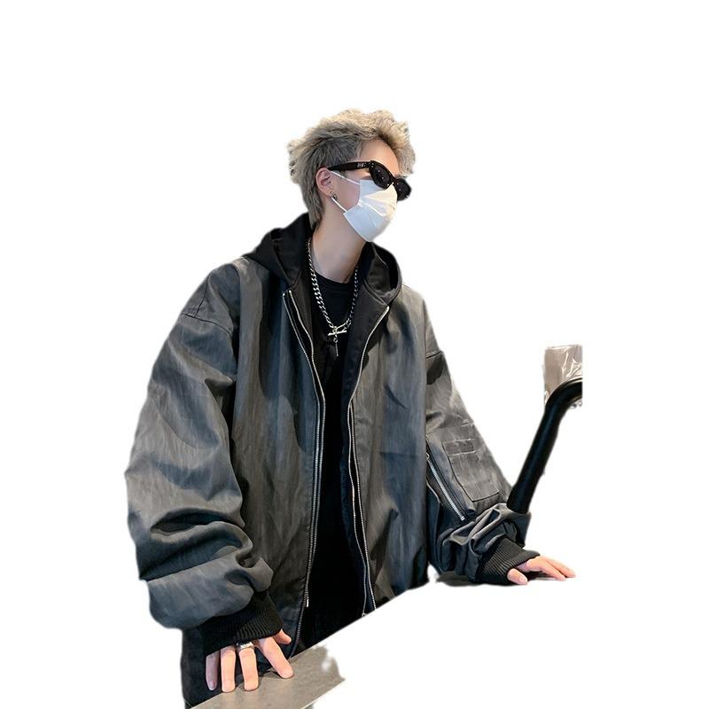 Herren Frühling & Herbst Trendige Lederjacke mit Kapuze - Zweiteiliger Stil, Amerikanischer Street Dark Rogue, Lockere Passform Pilotendesign