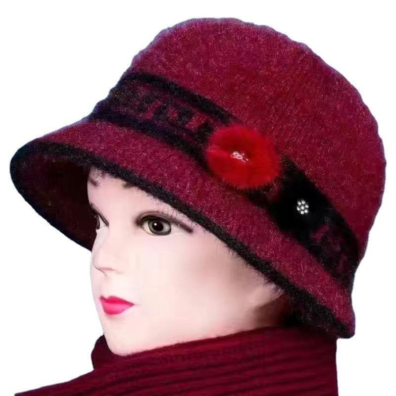 Autumn Winter Old Lady Hat with Velvet Large Brim Basin Hat Middle-aged Elderly Warm Knitted Hat Fashionable Mother's Knitted Hat Female