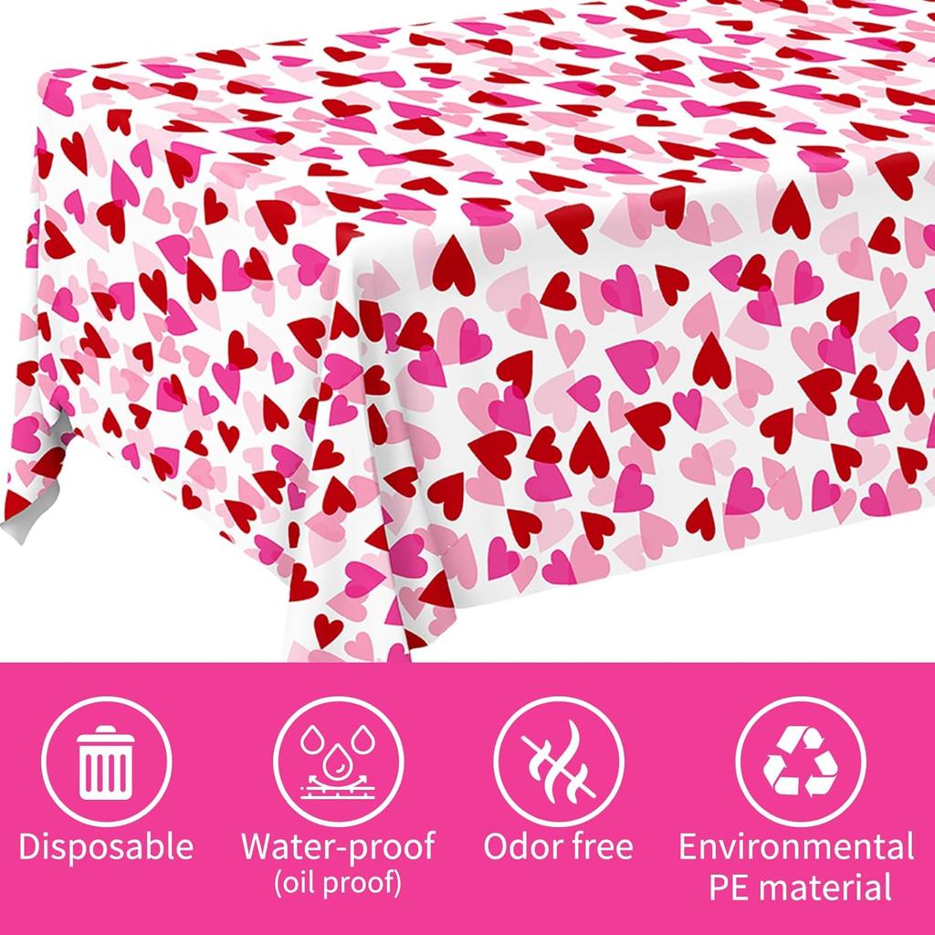Gatherfun Valentine's Love 3-Pack Tablecloths: Waterproof & Disposable Plastic Covers, 54x108, Romantic Heart-Themed Decorations for Memorable Party