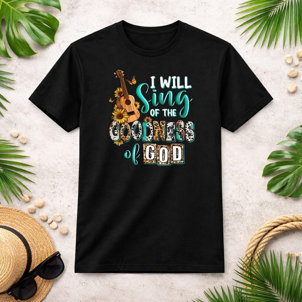 Christian Floral Guitar I Will Sing of The Goodness of God T-Shirt S разноцветный
