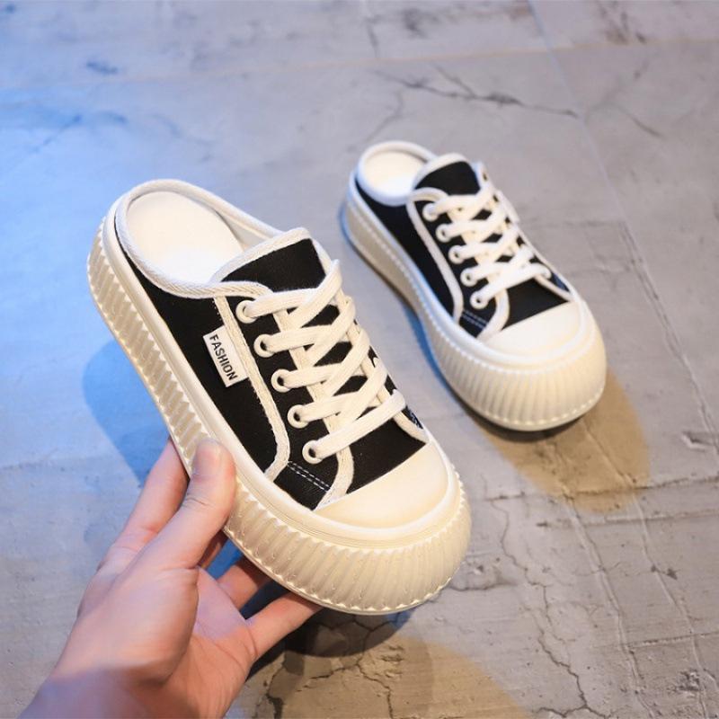 Summer thick-soled heightening lazy canvas slippers small skirt half slippers flat shoes
