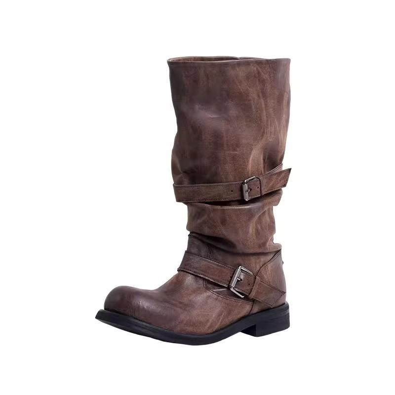 Sheepskin Version~ Western Cowboy Pleated Pile Boots Women's 2025 New Leather Thick Heel Retro Medium Tube Knight Boots