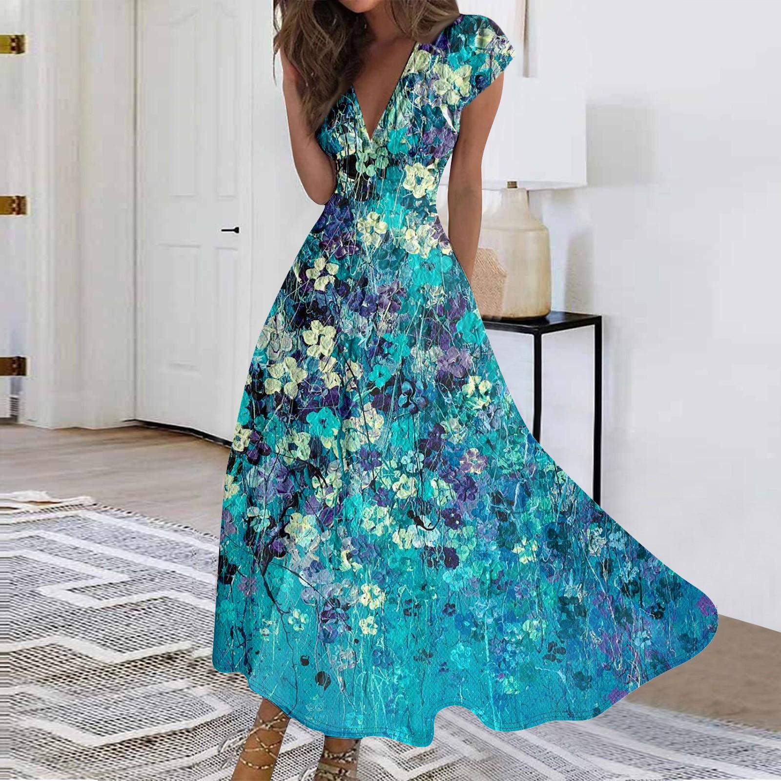 

Женское длинное платье Платье макси Повседневное платье Шифоновые платья Свободное платье Повседневное платье для взрослых на открытом воздухе Повседневное платье с рюшами и коротким рукавом с v-образным вырезом XL