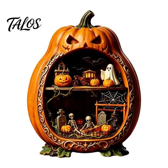 Jack-o'-lantern Table Decorations Halloween Centerpiece Pumpkin, Wooden Pumpkin Ornament with Miniature Scenes, Rustic Ornaments Skeleton for