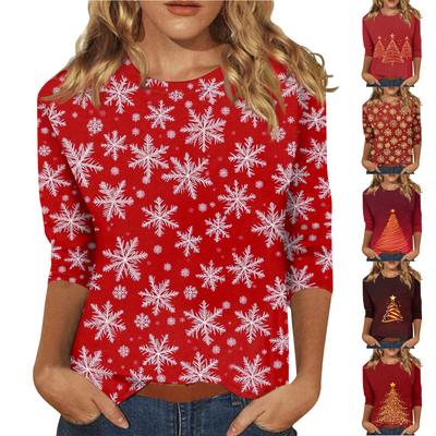Women's O-Neck 3/4 Sleeve Christmas Print Top