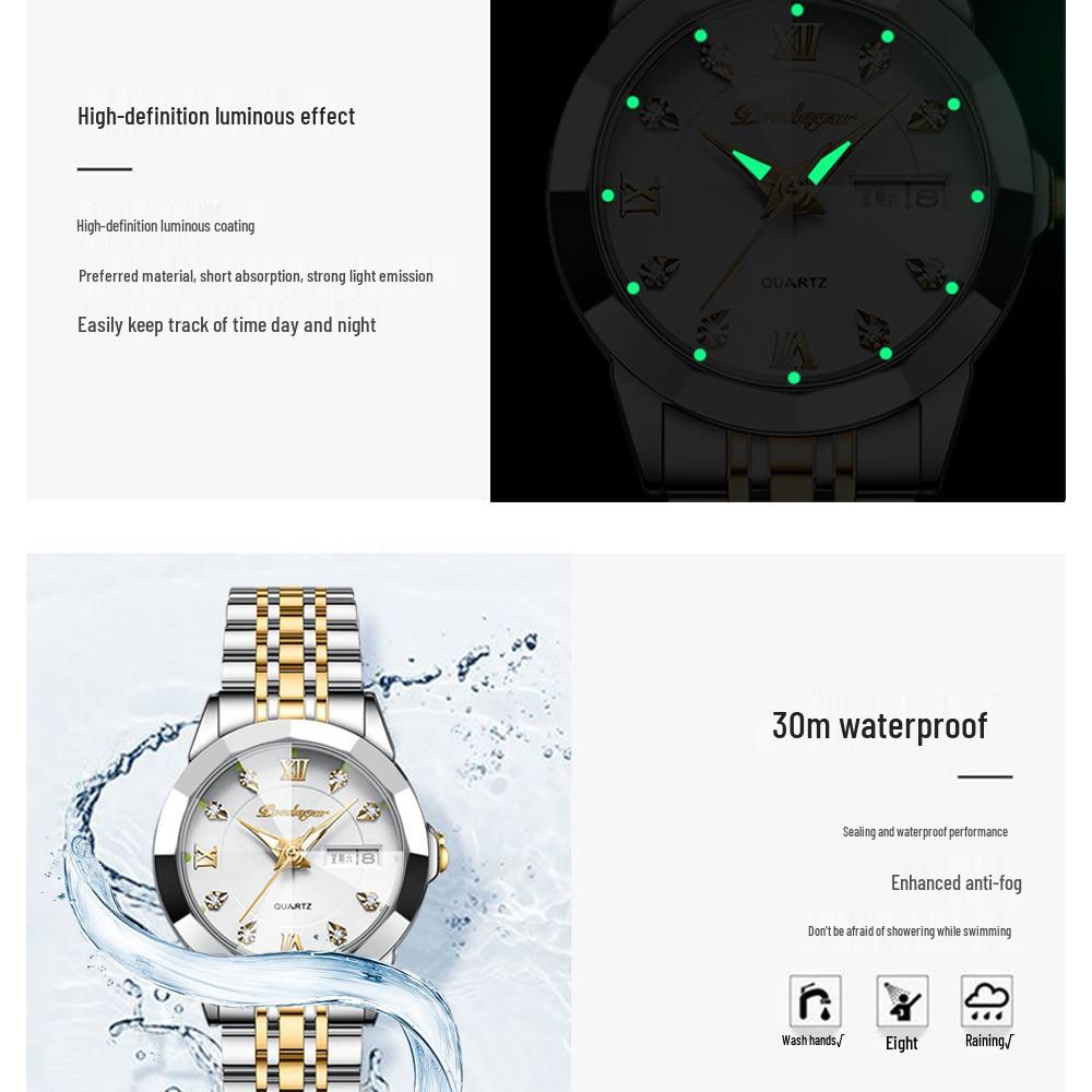 Ceas de mână nou elvețian pentru femei, rezistent la apă, luminos, cu calendar dublu