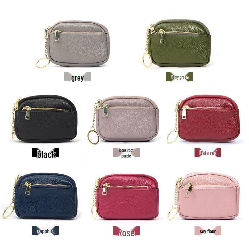Genuine Leather Mini Zipper Coin Purse Keychain Wallet for Women