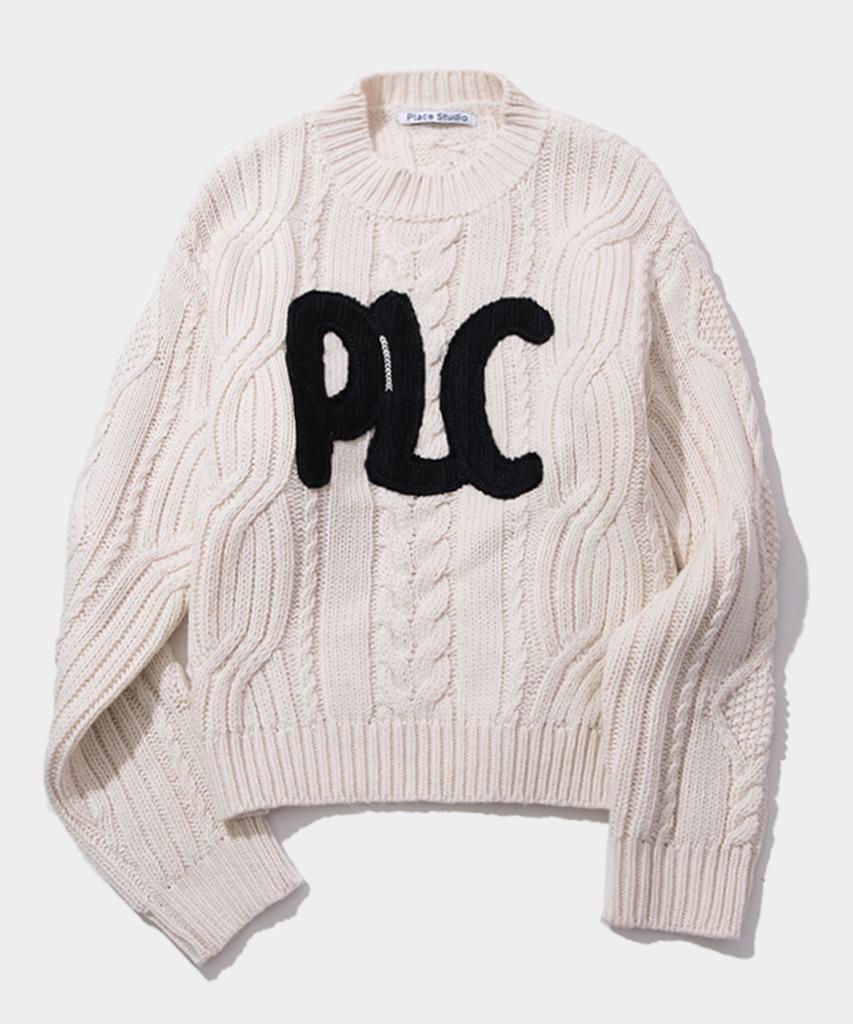 PLACE STUDIO Cable Knit Big Plc Logo Semi-Crop Round Neck Sweater [Gray]