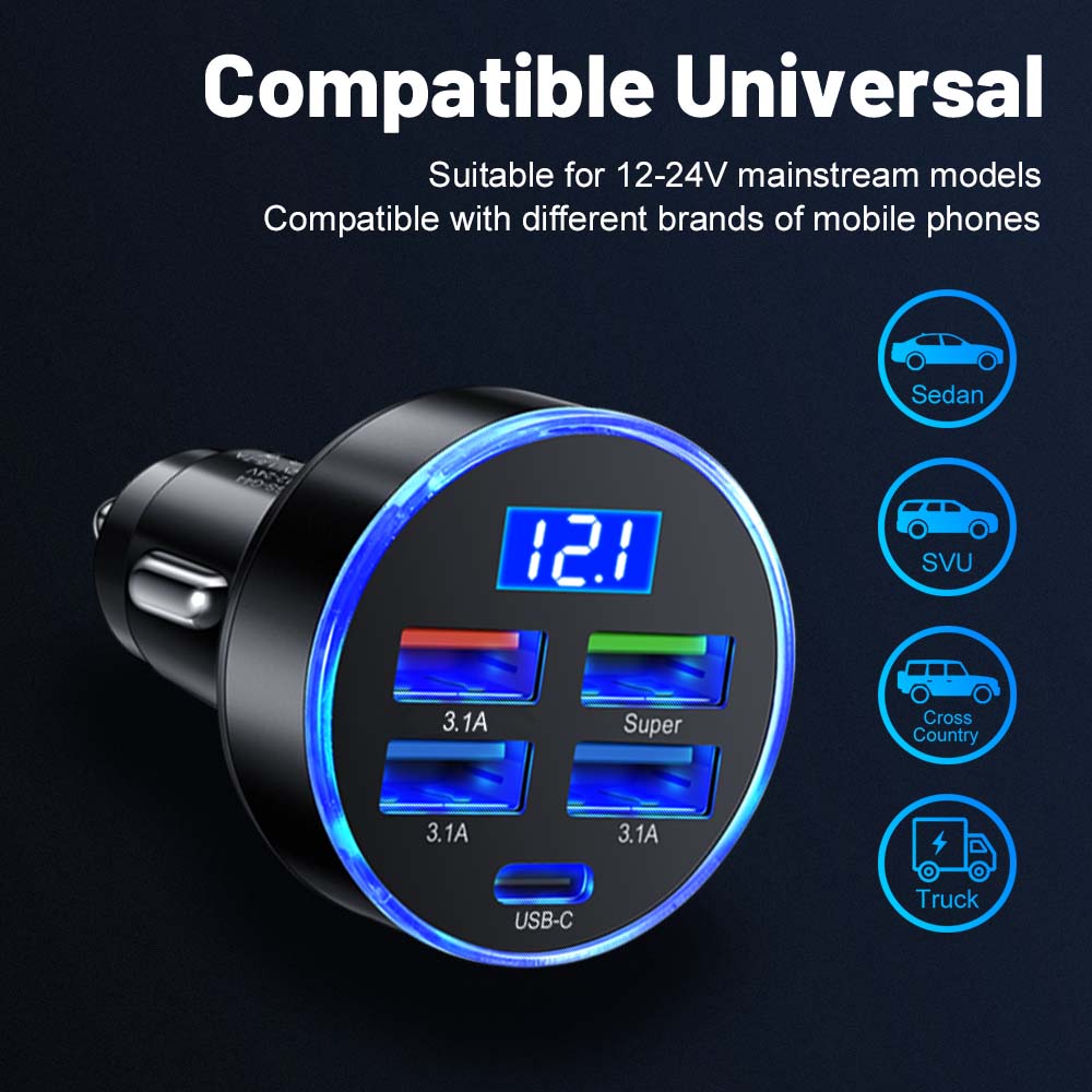Total 150W 5 Ports USB Car Charger For iPhone Xiaomi  Mobile Phone Charger Adapter In Car