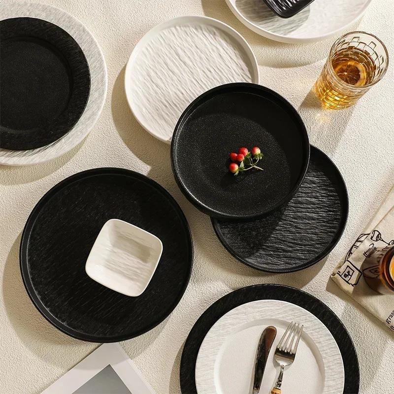 New Ceramic Steak Plate Household 8-inch Circular Western Dish Can Be Heated Restaurant Black High-end Breakfast Pasta Tableware
