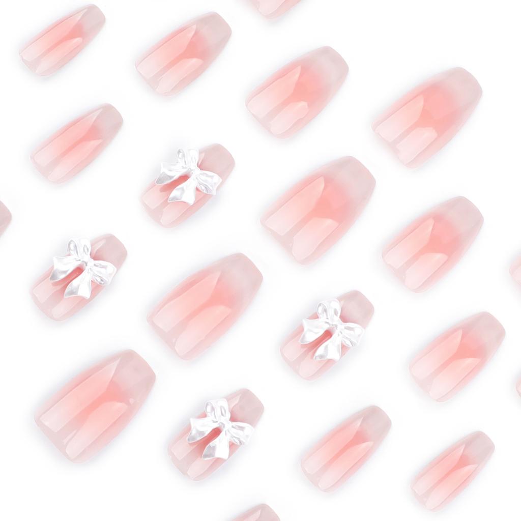 24 Pieces Sweet Blush French Cat's Eye Manicure Fake Nails Three-dimensional Point Drill Bow Wearing Nail Ballet Nail Piece