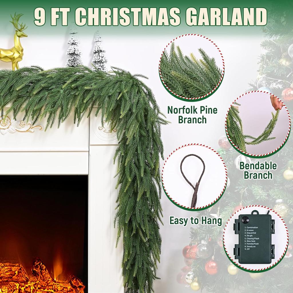 9Ft Artificial Cedar Garland with Lights, Realistic Norfolk Pine for Christmas Decor Indoor Outdoor