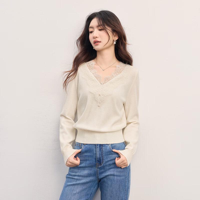 SLLSKY French Lace V-Neck Long Sleeve Knit Sweater