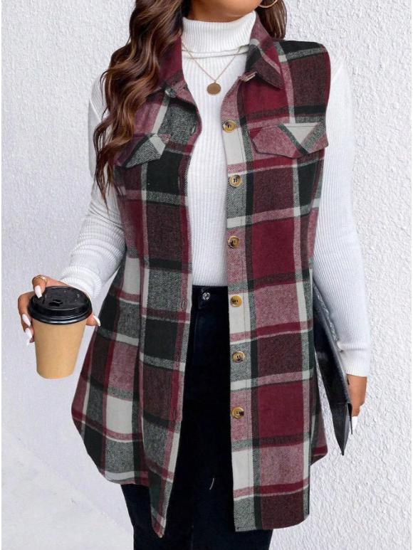 European & American Autumn/Winter Women's Fashion Plaid Sleeveless Turn-Down Collar Vest with Side Pockets
