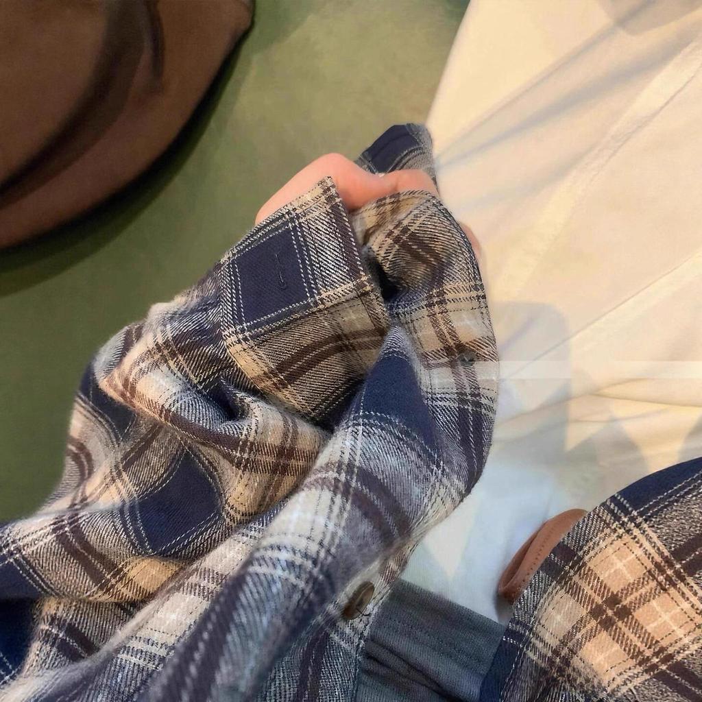 Women's Korean Retro Plaid Shirt Jacket - Dark Blue, Long Sleeve, Loose Fit for Autumn/Winter