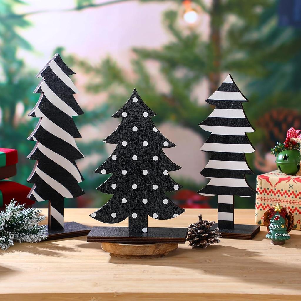 3 Pcs Wooden Christmas Tree Tabletop Decor, Black & White Freestanding Handmade Xmas Centerpiece for Home Party