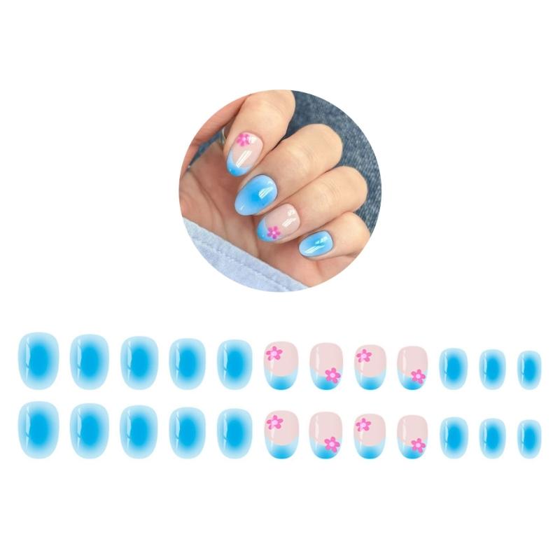24Pcs Shining Oval Shape Blue Artificial Nail Safe Material For Sensitive Skin And Quick Application