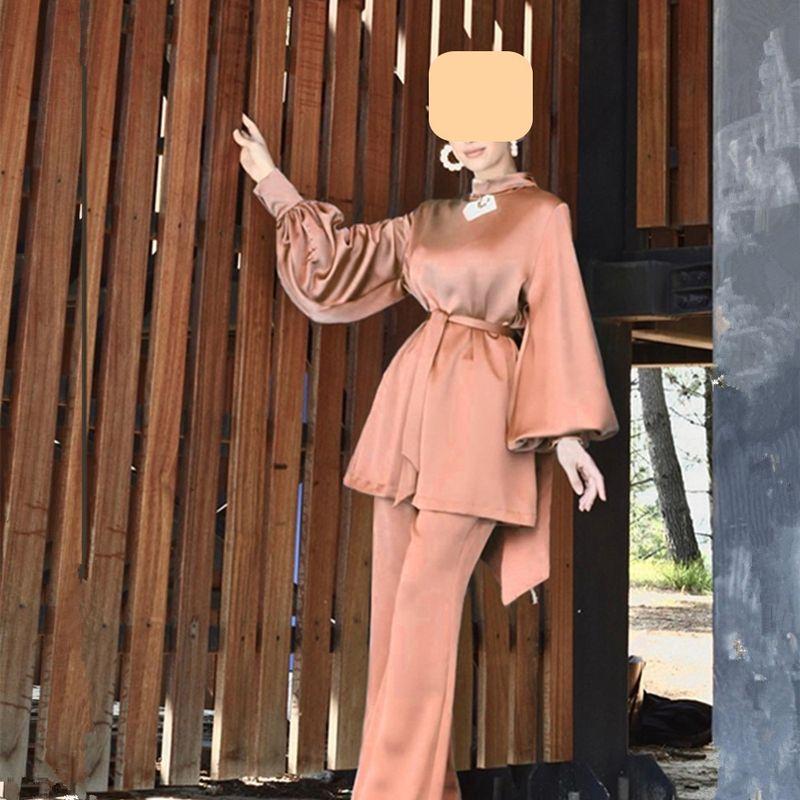 

Fashion Wind New Arrival Shoelace Pure Color Tops Long Two-Piece Pants Lace up Top Trousers Suit Pink L