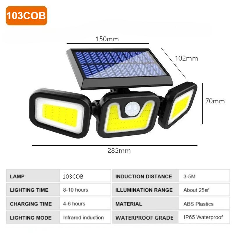 

Солнечные светильники, уличный датчик движения, индукция человека, регулируемая головка, IP65, водонепроницаемый настенный светильник на солнечной энергии 103COB