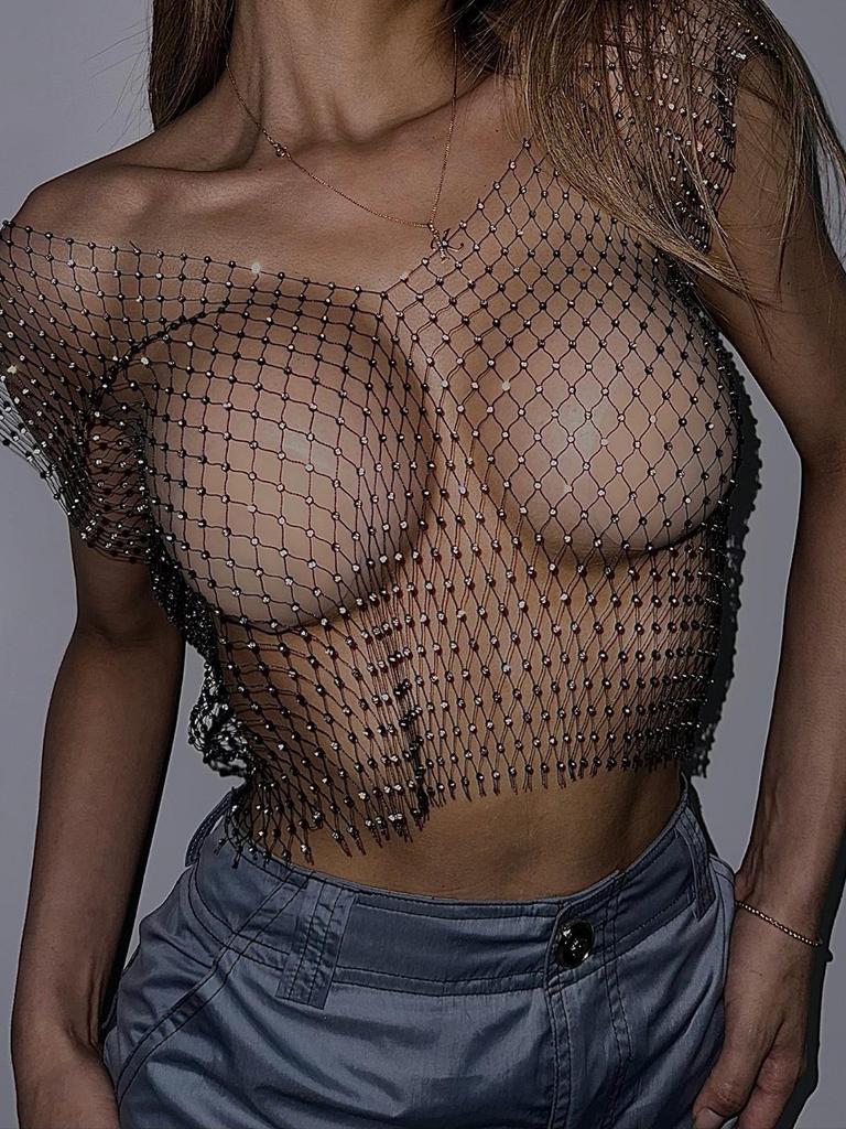 Europäisches & Amerikanisches Strass Ärmelloses Netzoberteil für Damen