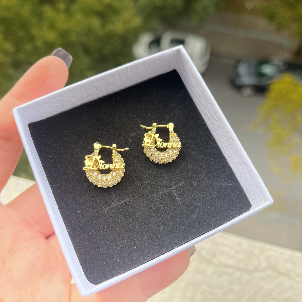 QIUHAN ODM Personalized Ice Out Bling Diamond Earrings 15mm for Kids Custom Name Hoops Earrings
