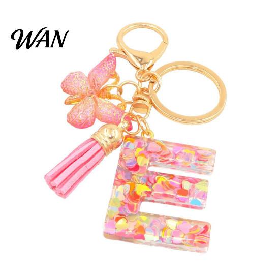 Pocket Keychain Pink Series Pendant, Sequins Heart Initial Letter Charm Key Chain with Everyday Carry Butterfly Tassel Design, A-Z Holder for